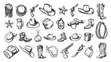 Wall Mural - Doodle Style Cowboy Accessories Icons Set. Hand Drawn Simple Style Black Icons on White Background Western Gear Illustrations Wild West Collection Rodeo Equipment Clipart