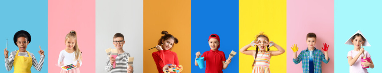 Sticker - Set of cute children with paints on color background