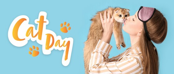 Wall Mural - Banner for International Cat Day with young woman in pajamas and her cute pet