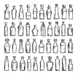 Wall Mural - Doodle Style Different Oil Bottles Set. Low Detailed Line Sketch with Crisp Contours on a White Background Cooking Oil Containers Illustrations Kitchen Supplies Cooking Ingredients