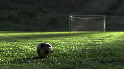 Wall Mural - Soccer ball on a grassy field with the shadow of a goalpost in the background.