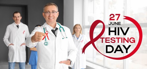 Poster - Banner for National HIV Testing Day with mature woman holding red awareness ribbon in clinic