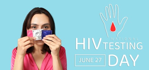 Wall Mural - Banner for National HIV Testing Day with young woman holding condoms