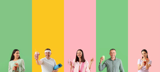Wall Mural - Set of people with healthy smoothie on color background