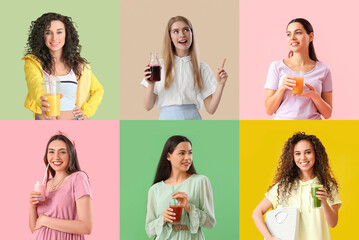 Wall Mural - Group of women with healthy smoothie on color background