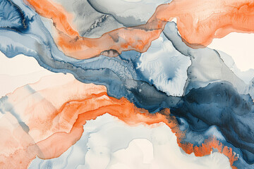 Poster - Watercolor flowing across a white canvas, creating an abstract background with orange and blue colors