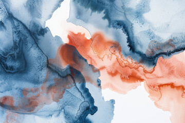 Poster - Blue and orange Watercolor blend on canvas, creating a mesmerizing abstract painting with hints of gold and metallic accents