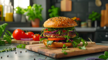 Wall Mural - Vegetarian burger with vegetables and broccoli sprouts or microgreens on a table
