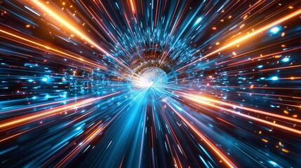 Poster - Dynamic image with high-speed light streaks in a futuristic digital tunnel. Perfect for tech themes.
