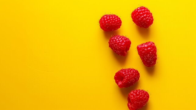 Fresh raspberries on vibrant yellow background