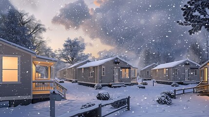 Wall Mural - conceptual rendering of a mobile home park where each unit features lightweight, energy-efficient vinyl siding, shown during a serene snowfall