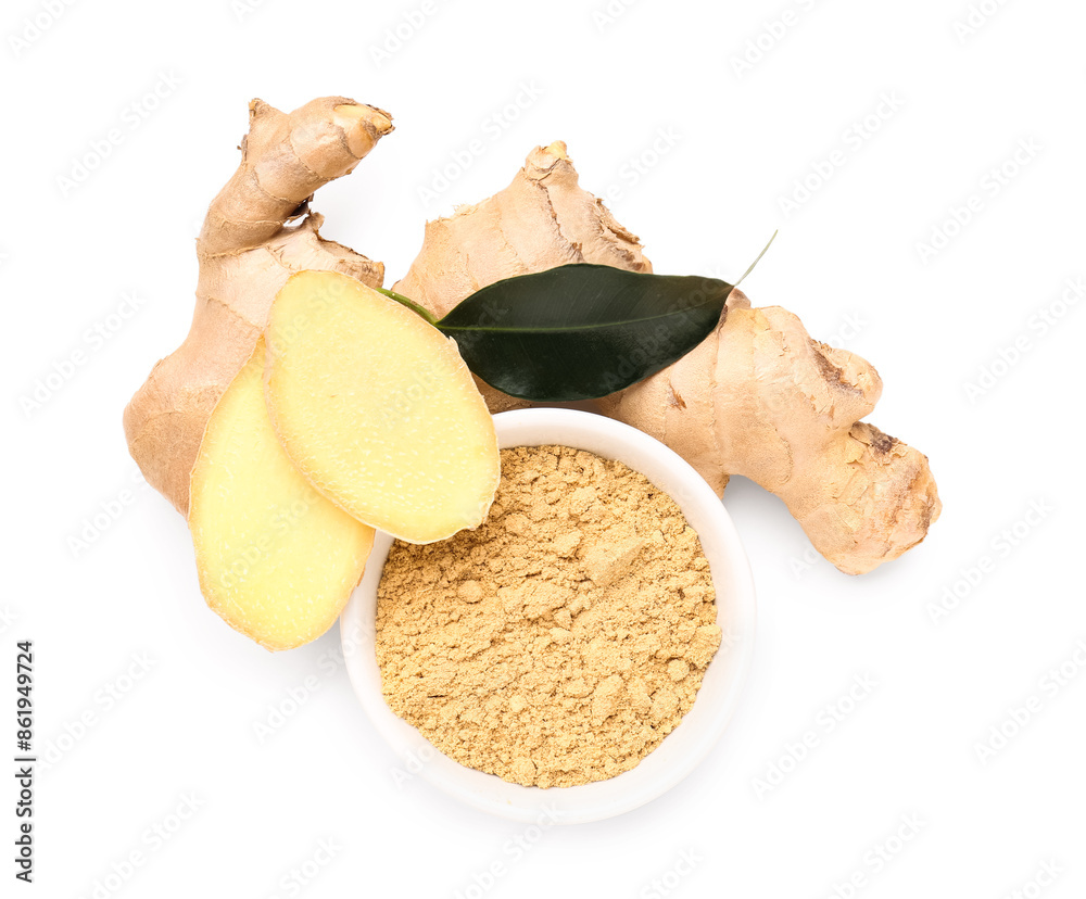 Fresh ginger root and bowl with dried powder on white background