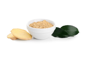 Wall Mural - Slices of fresh ginger root and bowl with dried powder on white background