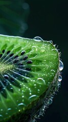 Wall Mural - Close-up of fresh kiwi slice with water droplets, macro photography. Freshness and nature concept