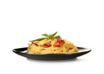 Wall Mural - Plate with tasty pasta carbonara on white background