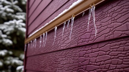 detailed view of vinyl siding in a rich burgundy, with icicles forming along the trim, accentuating its durability against cold weather