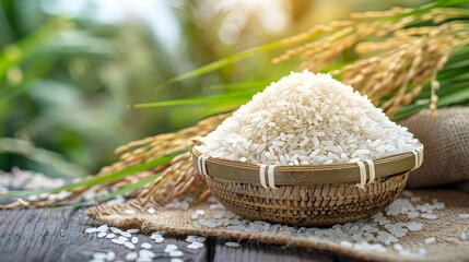 Wall Mural - White rice and paddy rice with rice plant background.
