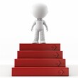 © Dipsky - 3D rendering of a person on a podium with arrows pointing up. The person is casual, podium is red with 4 steps. Background is white, modern look, suitable for success or progress concepts