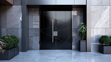 glossy black door with a sleek design, framed by a modern metal entryway with angular lines and high