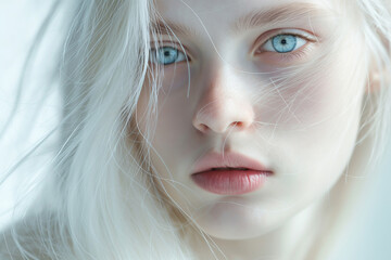 Albino girl with white skin, natural lips, blue eyes and white hair. Photo face on a light background. Portrait of the head. Blonde girl.