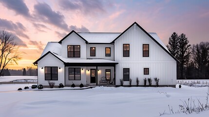 modern farmhouse style home with white vinyl siding and black trim, nestled in a snowy landscape at 