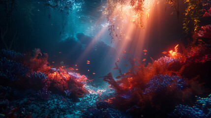 Wall Mural - an expansive underwater scene, clear blue ocean filled with playful dolphins and colorful fish, illu