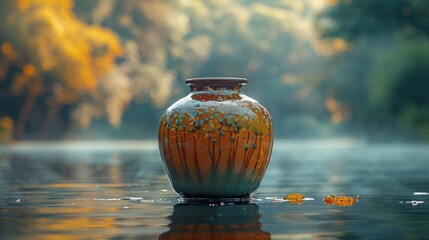 Sticker - Ceramic Vase on Still Water with Autumnal Background