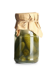 Wall Mural - Jar with tasty pickled cucumbers on white background