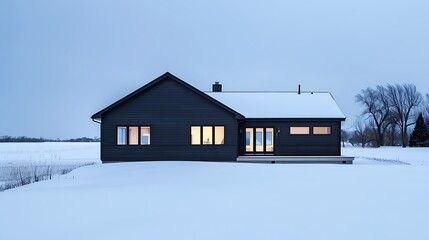 Wall Mural - panoramic shot of a house clad in vinyl siding in a striking midnight black, with a sharp contrast against the white snowy landscape