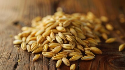 Barley grains, the yellow-brown seeds, are displayed on a brown wooden surface
