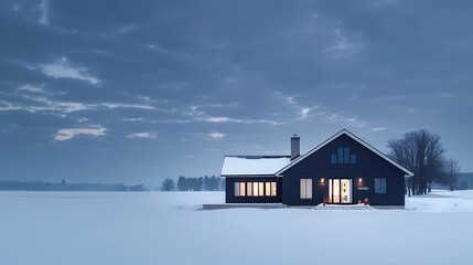 Wall Mural - panoramic shot of a house clad in vinyl siding in a striking midnight black, with a sharp contrast against the white snowy landscape