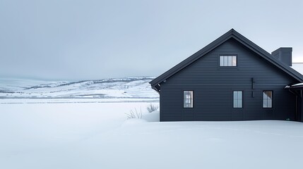 Wall Mural - panoramic shot of a house clad in vinyl siding in a striking midnight black, with a sharp contrast against the white snowy landscape