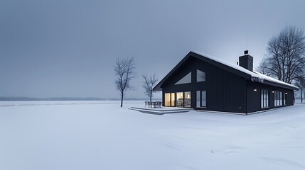 Wall Mural - panoramic shot of a house clad in vinyl siding in a striking midnight black, with a sharp contrast against the white snowy landscape