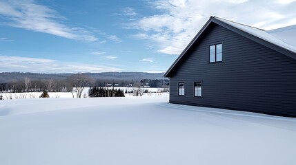 Wall Mural - panoramic shot of a house clad in vinyl siding in a striking midnight black, with a sharp contrast against the white snowy landscape