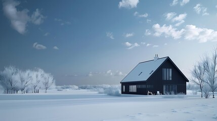 Wall Mural - panoramic shot of a house clad in vinyl siding in a striking midnight black, with a sharp contrast against the white snowy landscape