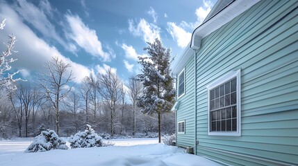 Wall Mural - panoramic shot of a house with vinyl siding in a calm seafoam green, with a backdrop of a snowy forest and a crisp winter sky