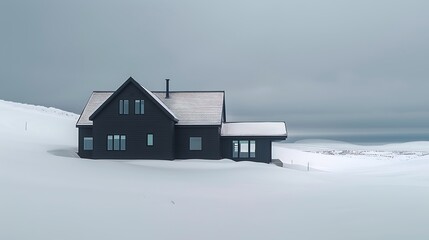 Wall Mural - panoramic shot of a house clad in vinyl siding in a striking midnight black, with a sharp contrast against the white snowy landscape