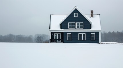 Wall Mural - panoramic shot of a house clad in vinyl siding in a striking midnight black, with a sharp contrast against the white snowy landscape