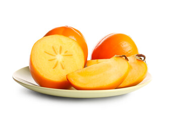 Wall Mural - Plate with sweet ripe persimmons on white background