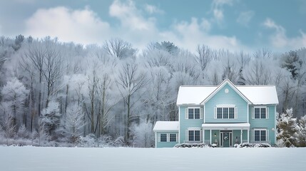 Wall Mural - panoramic shot of a house with vinyl siding in a calm seafoam green, with a backdrop of a snowy forest and a crisp winter sky