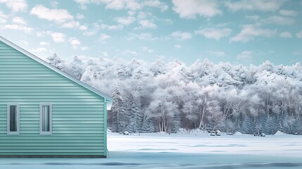 Wall Mural - panoramic shot of a house with vinyl siding in a calm seafoam green, with a backdrop of a snowy forest and a crisp winter sky