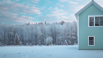 Wall Mural - panoramic shot of a house with vinyl siding in a calm seafoam green, with a backdrop of a snowy forest and a crisp winter sky