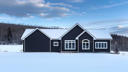 Wall Mural - panoramic shot of a house clad in vinyl siding in a striking midnight black, with a sharp contrast against the white snowy landscape