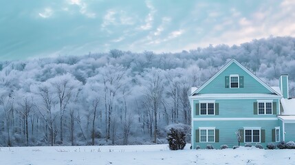 Wall Mural - panoramic shot of a house with vinyl siding in a calm seafoam green, with a backdrop of a snowy forest and a crisp winter sky