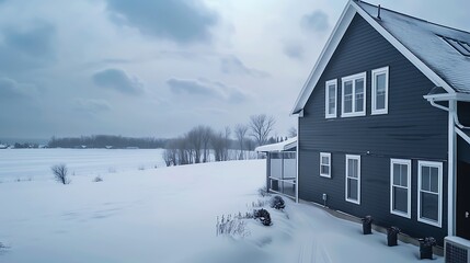Wall Mural - panoramic shot of a house clad in vinyl siding in a striking midnight black, with a sharp contrast against the white snowy landscape