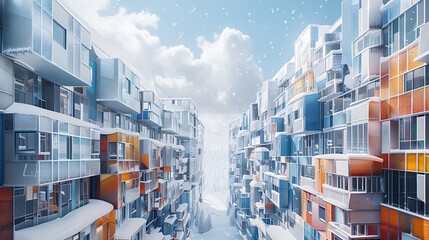 Wall Mural - panoramic view of a futuristic urban block, where each building is outfitted with high-performance vinyl siding in a mosaic of frosty colors, designed for energy efficiency in cold climates