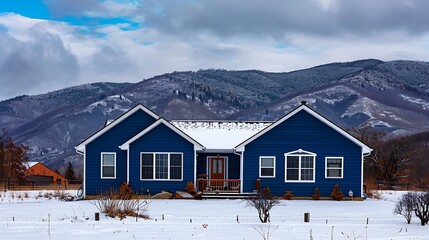 Wall Mural - panoramic view of a home clad in vinyl siding in a rich cobalt blue, standing out against a snowy mountain backdrop