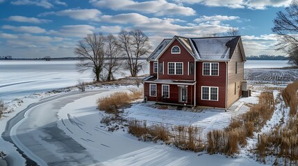Wall Mural - panoramic view of a home clad in vinyl siding in a deep mahogany brown, standing out against a snowy field and frozen lake