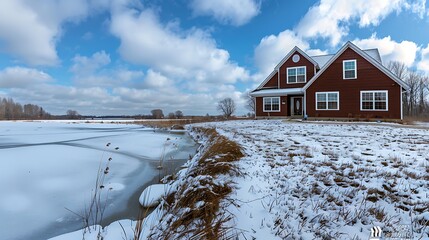 Wall Mural - panoramic view of a home clad in vinyl siding in a deep mahogany brown, standing out against a snowy field and frozen lake