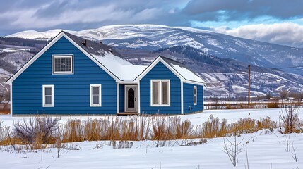 Wall Mural - panoramic view of a home clad in vinyl siding in a rich cobalt blue, standing out against a snowy mountain backdrop